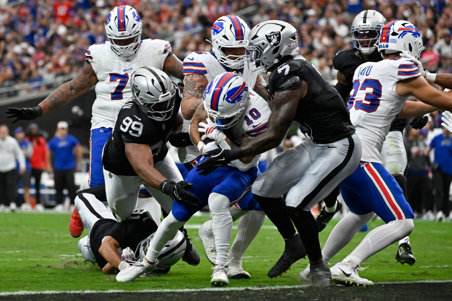 Buffalo Bills wide receiver Khalil Shakir (10) runs for a touchdown against the Las Vegas Raiders during an NFL football game in Las Vegas, Sunday, Oct. 18, 2026.