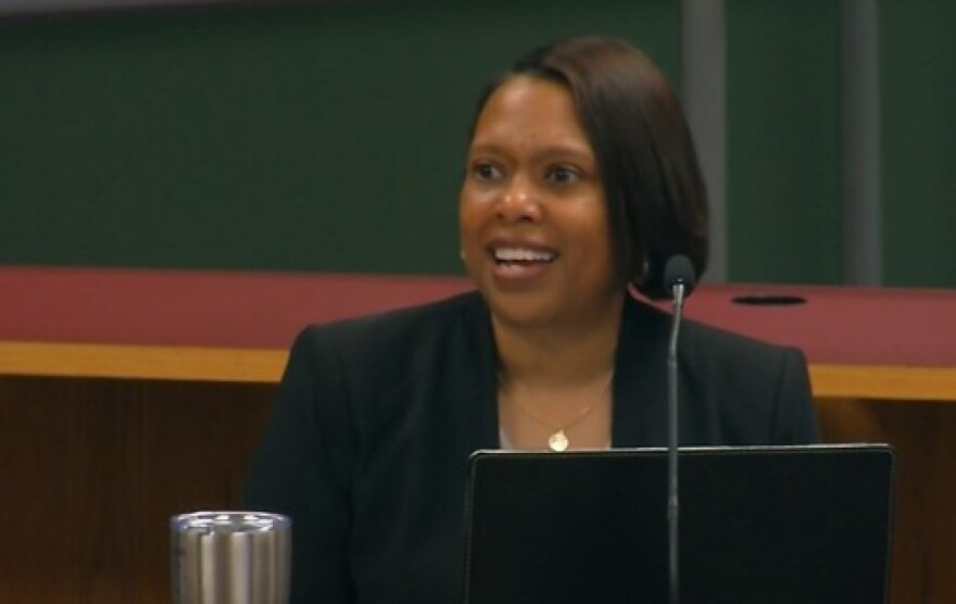 Tasha Potter addresses the Penfield Board of Education during a school board meeting on August 13, 2024.