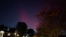 Shades of purple and pink in the night sky over a suburban neighborhood.