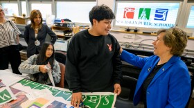 Wilbur Cross High School student Jeshua Herrera talks with Randi Weingarten, President of the American Federation of Teachers, during her visit to the school September 27, 2023. “The attention to detail, the sense of possibility, that is what education is. Our vision about what public schools should be, particularly for high school students, is that there should be a lot of choices for students and families,” Weingarten said during her visit.