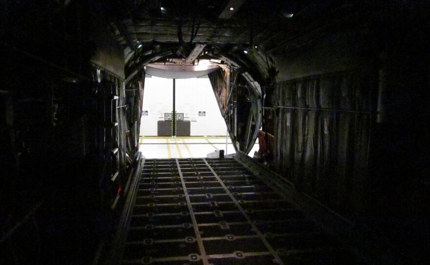 Inside the cargo hold of a C-130 aircraft stationed at Niagara Falls.