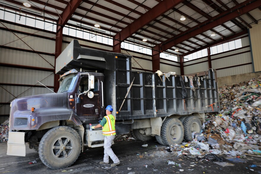 Loading dock where trash is initially brought to RePower South and where non-recyclabes will leave to be dumped next door at the landfill