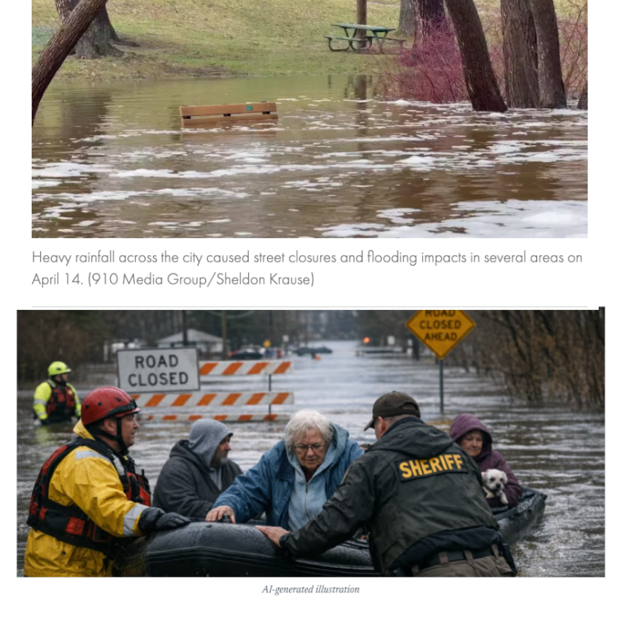 Top: Image from 910 Media of April 2026 flooding in Traverse City. (Credit: 910 Media Group / Sheldon Krause) Bottom: Prism’s AI Illustration and only image used for the same flooding incident. (Credit: Prism News)