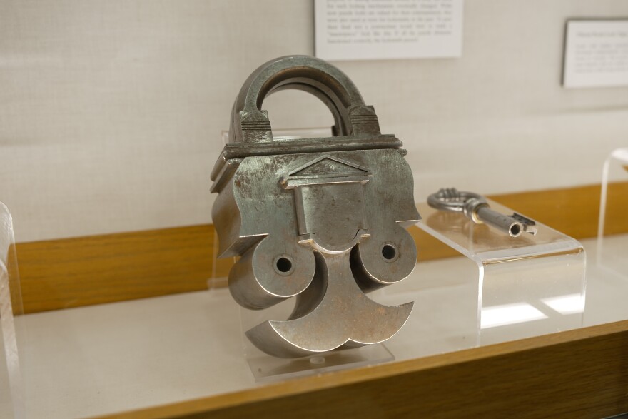 An Iron Masterpiece Double Shackle Trick Lock from Germany from 1850 is part of Jerry Slocum's collection.