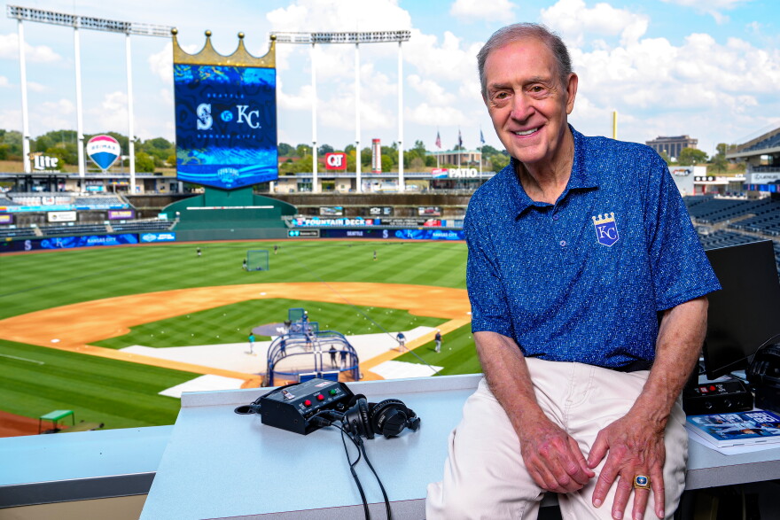 Denny Matthews has been announcing from Kauffman Stadium since the team moved there in 1973.