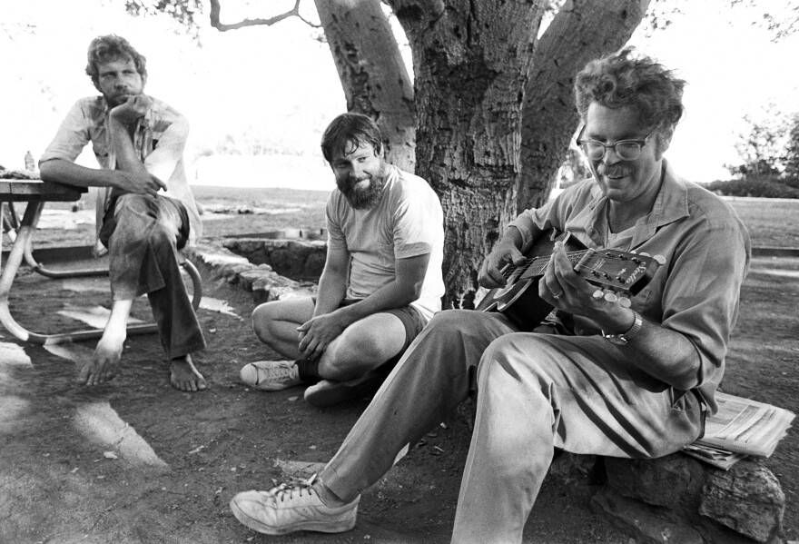 <em></em>Robbie Basho playing for fans in Cragmont Park in Berkeley, California, in 1977.