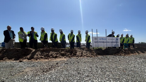 State and local officials, Diamond State Port Corporation members, and Enstructure's CEOs break ground at the Edgemoor expansion for the port of Wilmington.