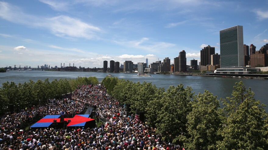 Democratic Presidential candidate Hillary Clinton speaks to supporters at her official campaign launch rally on June 13 in New York City.