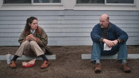 Film still of actors Eva Victor and John Carroll Lynch in the 2025 film Sorry, Baby.