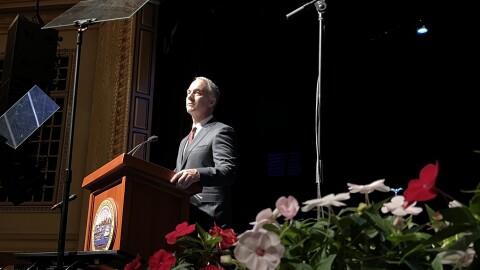 New Bedford Mayor Jon Mitchell gives his State of the City address at the newly renovated Zeiterion theater, April 8, 2026.