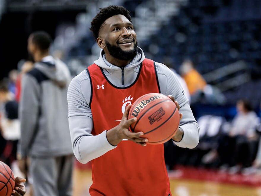 University of Cincinnati basketball player Eliel Nsoseme practices at Nationwide Arena leading up to first round games of the NCAA Basketball Tournament. 