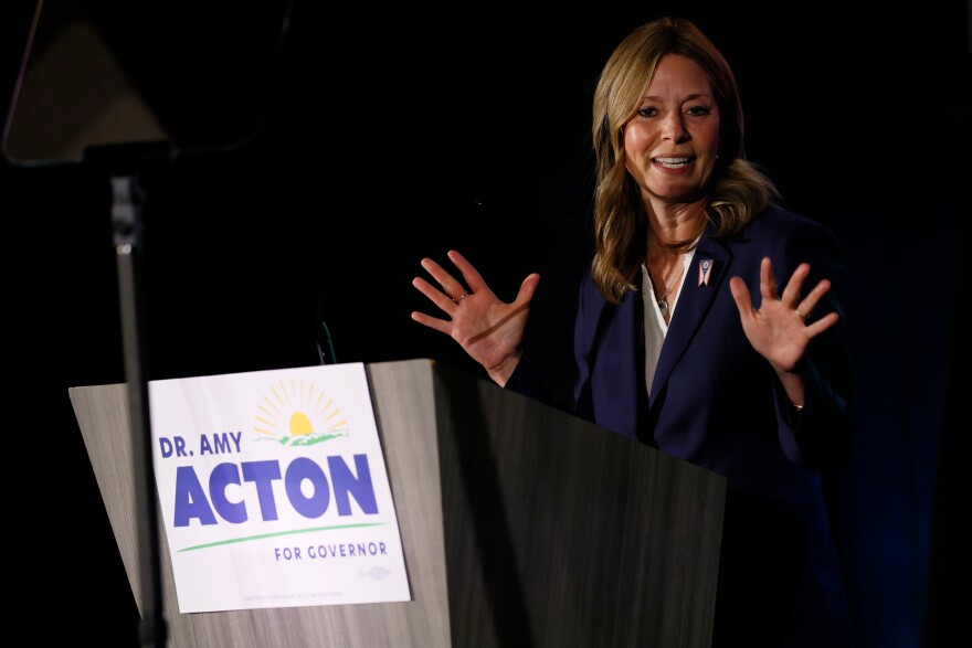 Democratic gubernatorial candidate Dr. Amy Acton speaks at a primary election night campaign event after winning the party's nomination for governor Tuesday, May 5, 2026, in Columbus, Ohio.