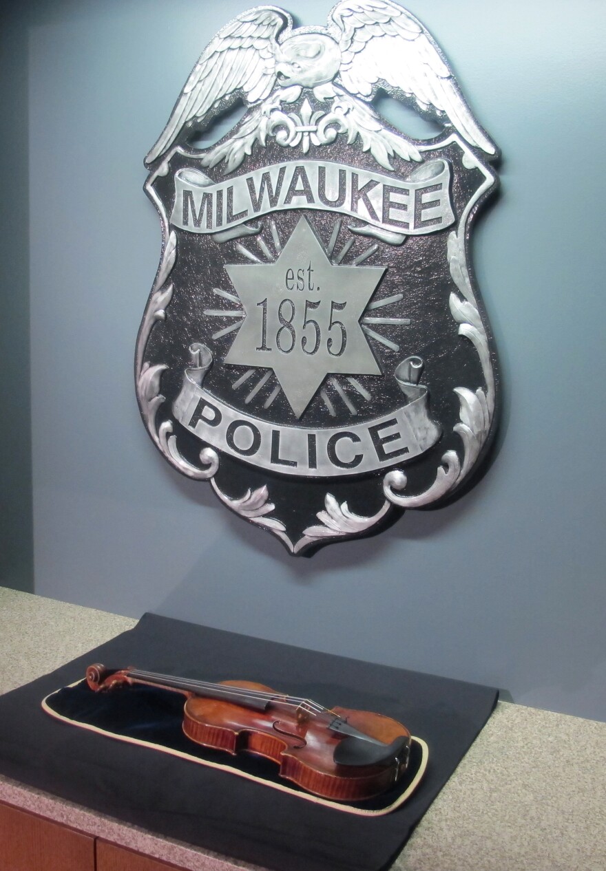 The Lipinski Stradivarius violin is displayed at the Milwaukee Police Department on Feb. 6.