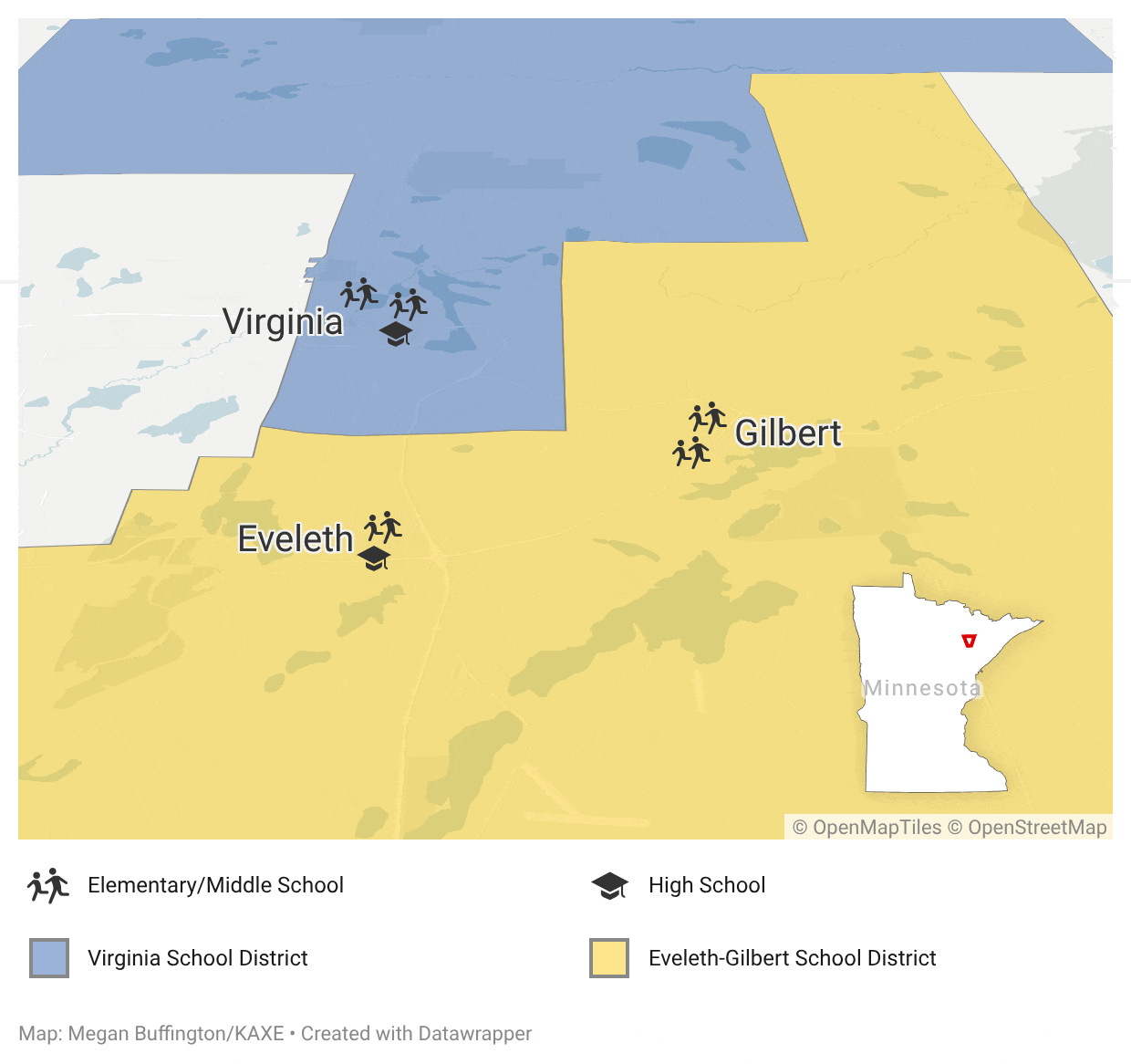 When Virginia and Eveleth-Gilbert consolidated to become Rock Ridge, the schools in Eveleth and Gilbert closed.