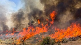 This undated photo provided by the U.S. Forest Service on Friday, Aug. 7, 2026, shows the Widemouth 2 wildfire burning near Richfield, Utah.