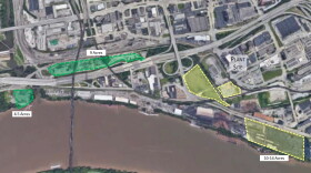 Hilltop Basic Resources is proposing a land swap with the city of Cincinnati to relocate its facilities, now located next to Paul Brown Stadium. Areas in green would go to the city and the 10-to-14 acres in yellow would go to Hilltop.