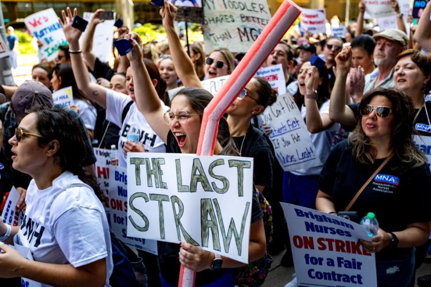 Brigham nurses walked off the job on Wednesday in Boston after contract negotiations stalled over wages. (Jesse Costa/WBUR)