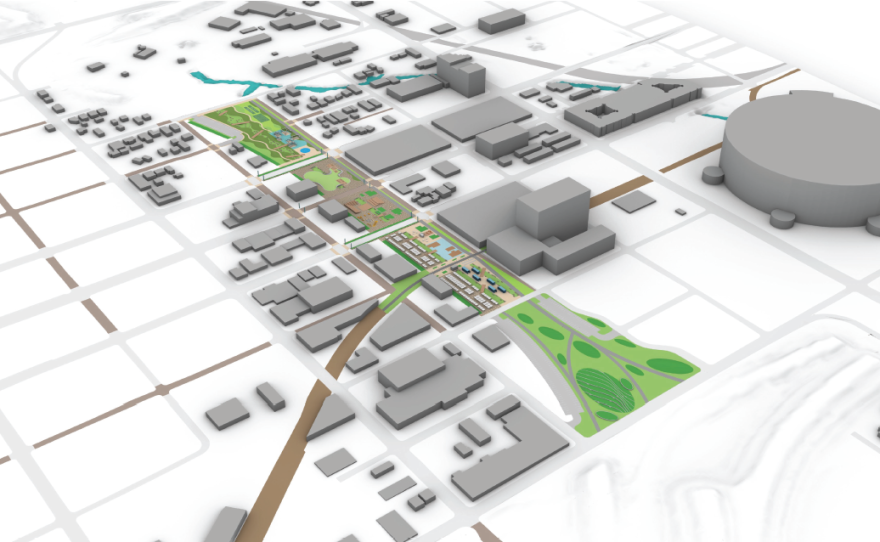 Digitized renderings show underneath a gray bridge, including people walking along pathways with trees and buildings or children playing on a blue splashpad.