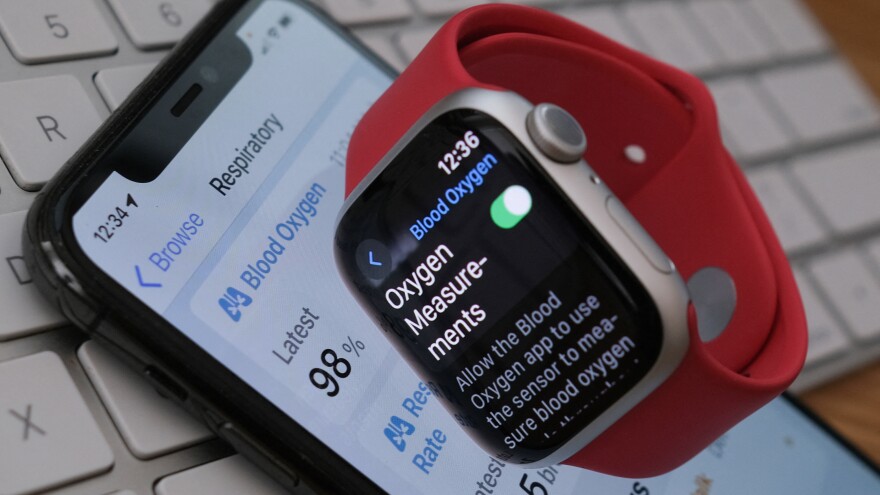 This illustration photo shows an Apple Watch 9 displaying the blood-oxygen level detection settings, in Los Angeles, on Tuesday.