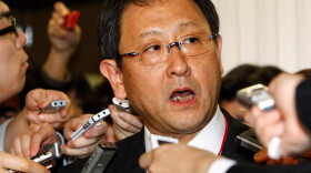 Toyota President and CEO Akio Toyoda speaks to reporters after meeting with Japan's Transport Minister Seiji Maehara in Tokyo on Feb. 9. Earlier that day, Toyota announced a recall of about 437,000 Prius and other hybrid vehicles worldwide to fix brake problems, the latest in a string of embarrassing safety lapses at the world's largest automaker.