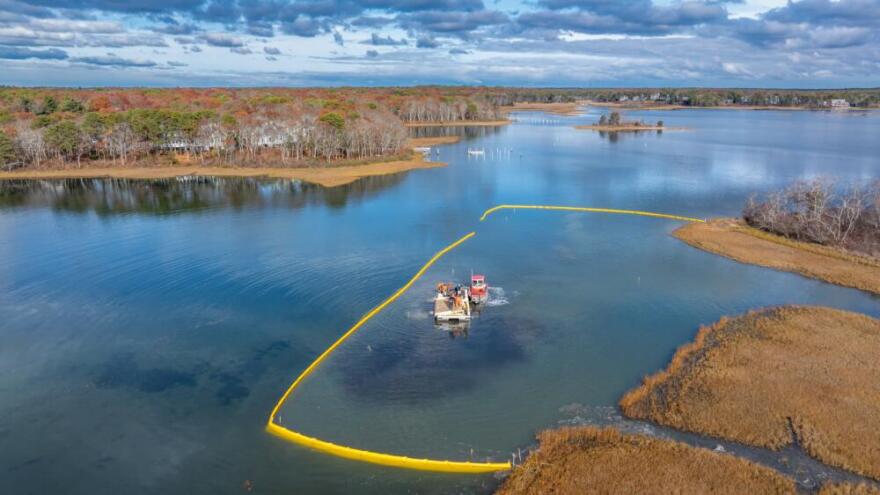 Oyster reef restoration in Mashpee's Hamblin Pond (Courtesy Mike Gearin, Photo Flight LLC.)
