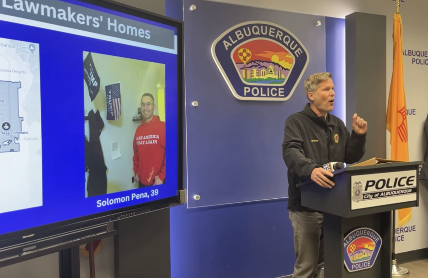 Albuquerque Mayor Tim Keller speaks at a news conference announcing the arrest of Solomon Pena, a Republican candidate for New Mexico House District 14, in connection with the recent shootings on the homes of several elected officials.