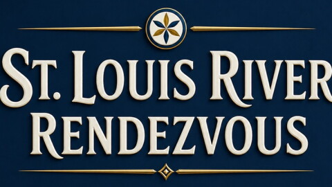 Lettering with formal border against a navy blue background; reading "St. Louis River Rendezvous"
