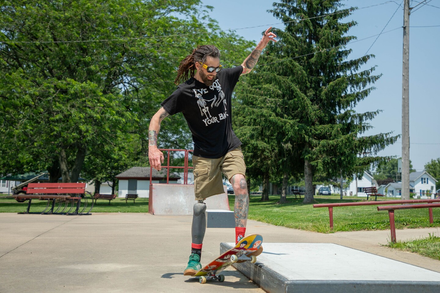 Josh Campbell skates up onto a platform at Veterans Park in Shelby, Ohio, on June 11, 2025.