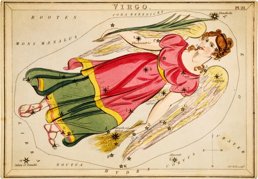 Astronomical chart showing a winged virgin holding wheat in her left hand and a lily(?) in her right hand forming the constellation. 1 print on layered paper board : etching, hand-colored.