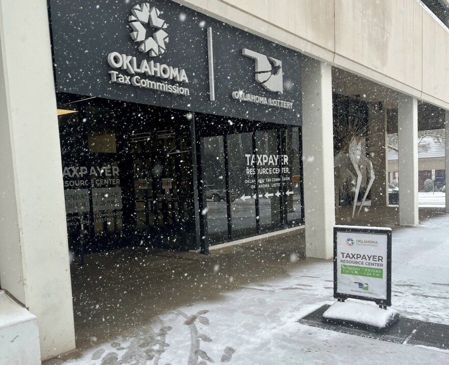 The Oklahoma Tax Commission office during a snowstorm.