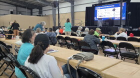 County election volunteers during a break in safety and security training at an expo hall on the rodeo grounds on Sept. 9, 2026