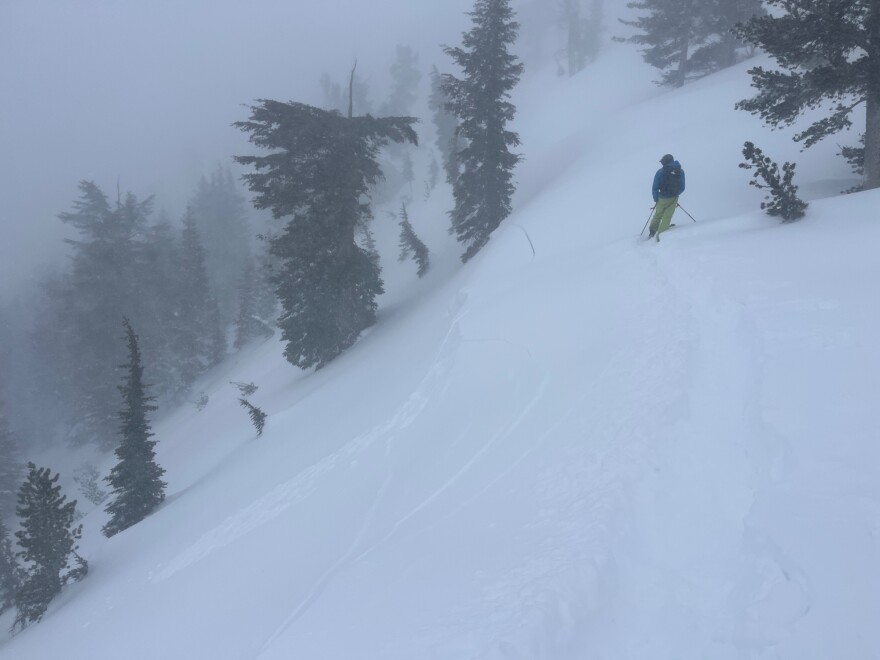 A snowy terrain with a crack running through the snow.