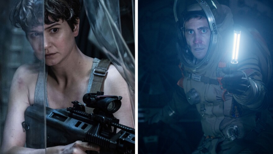 <em>Life</em> and <em>Alien: Covenant</em> (both 2017 films) are about astronauts who have disastrous encounters with extraterrestrials. Pictured: Katherine Waterston (left) in <em>Alien: Covenant</em> and Jake Gyllenhaal in <em>Life</em>.
