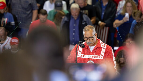 Choctaw Nation Assistant Chief Jack Austin Jr. leads a Christian prayer at President Donald Trump's rally in Durant on Oct. 1.