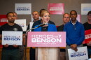 Jocelyn Benson, the Democratic candidate for Michigan governor, speaks at an event where she was endorsed by several veterans and emergency workers. Republican John James, her leading opponent, also boats endorsements by key groups representing first responders.