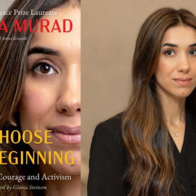 The cover of "I Choose My Beginning" and author Nadia Murad. (Courtesy of Simon & Schuster and Demetric Blyther)