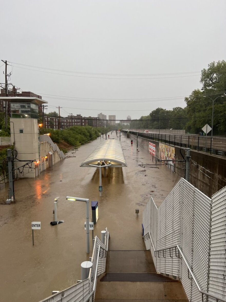 Record-breaking rainfall flooded many parts of the St. Louis region, including the Forest Park-DeBaliviere Metrolink station, pictured on Tuesday.