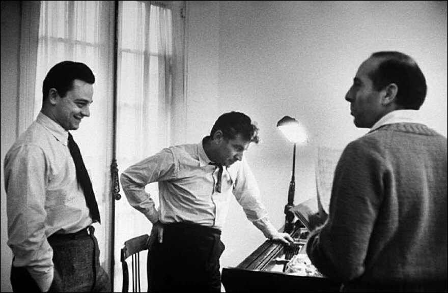 Sondheim (left) wrote the lyrics for <em>West Side Story;</em> classical-music superstar Leonard Bernstein (center) was the composer, Jerome Robbins the director and choreographer. The story of the show's genesis is told in the special NPR series <a href="http://www.npr.org/templates/story/story.php?storyId=14732874">50 Years of West Side Story</a>.