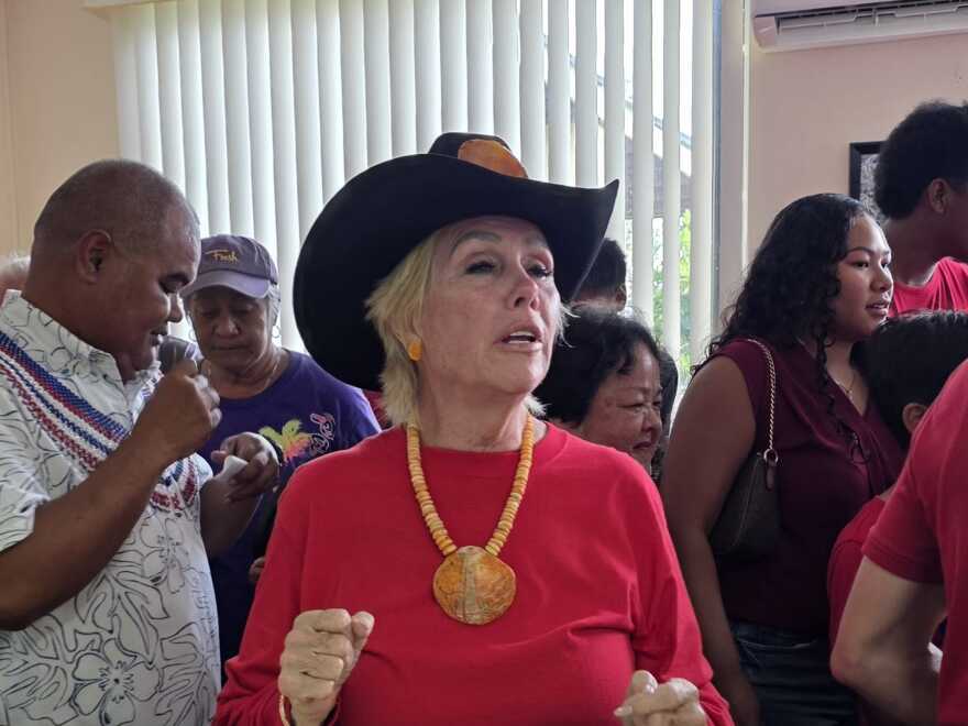 Keli Tenorio, Northern Islands mayoral candidate responds to a reporter's question lon August 3, 2026