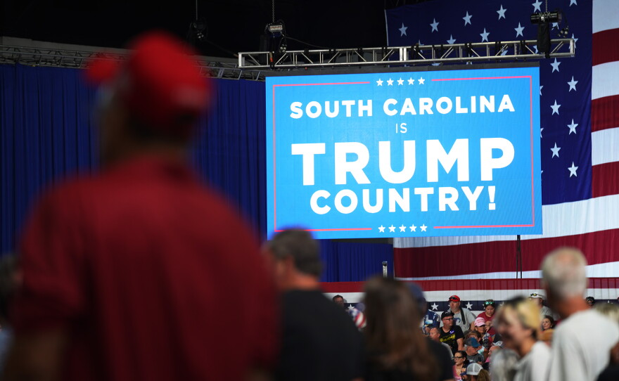Supporters await President Donald Trump at the rally for Sen. Darline Graham at the Myrtle Beach Convention Center on Aug. 21, 2026.