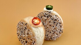 Slow Rise donuts featuring Jalapeno Cheddar and Jimmy Nordello peppers with whipped chevre, coated with Everything Bagel seasoning.