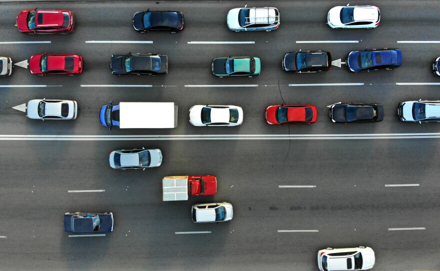 City traffic jam on a highway. Aerial.