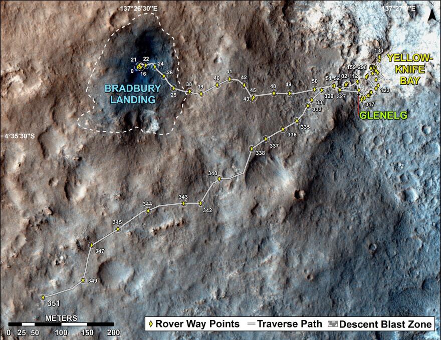 This plot shows the total distance driven by Curiosity from the day it landed, Aug. 5, 2012, through its 351st Martian day, Aug. 1, 2013. All told, it's traveled 1.05 miles.