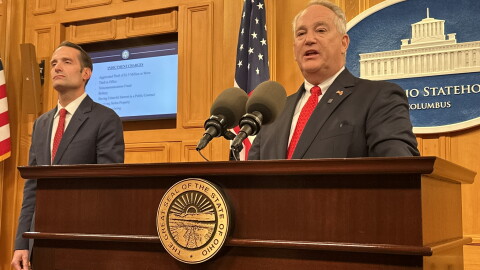 Ohio Auditor Keith Faber speaks at a press conference announcing the indictment on Oct. 7, 2026. To his left is U.S. Under Secretary of Education Nicholas Kent.
