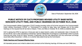 Public Notice of CUC's Proposed Revised Utility Base Rates, Non-Rate Utility Fees, and Public Hearings on October 19-21, 2026
