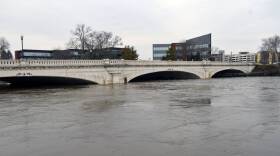 The bridge where Jefferson Boulevard crosses the St. Joseph River in South Bend sits just above the waterline on Thursday, Feb. 22.
