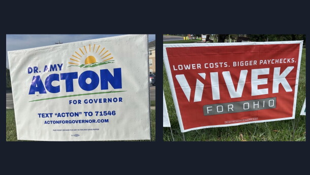 Yard signs advertise campaigns for Ohio Governor candidates Amy Acton (D) and Vivek Ramaswamy (R).