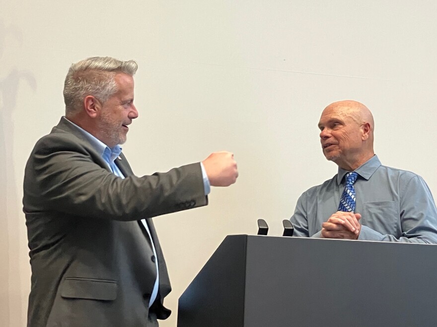 U.S. Rep. Eric Sorensen (D-Moline) spoke with Silvis city administrator Jerry Leibovitz about federal help for needed water main replacement on 1st Avenue, Tuesday, Aug. 11, 2026.