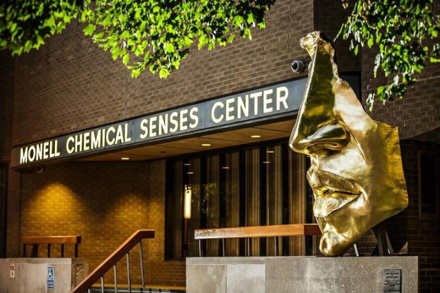 Exterior of the Monell Chemical Senses Center, dedicated to research on the senses of taste and smell. Sculpture by Arlene Love. Photo provided by Monell Center.
