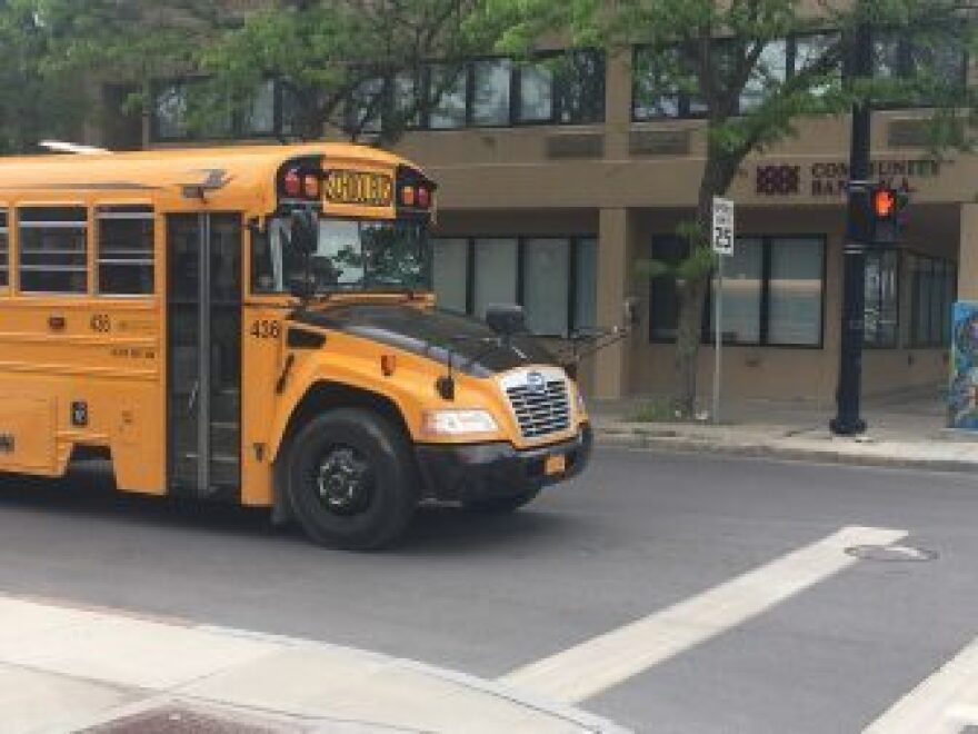 School bus in downtown Ithaca. (Celia Clarke/WSKG)